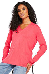 Ladies Fuchsia V-Neck Ribbed Cotton Blend Long Sleeve Jumpers