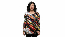 Load image into Gallery viewer, Ladies Orange Multi Abstract Scoop Neck Stretchy Quarter Sleeve Top
