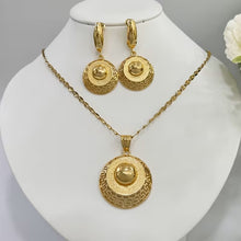 Load image into Gallery viewer, Ladies 18K Gold Plated Round Smooth Cutout Great Wall Earrings Necklace Set

