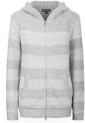 Ladies Grey Cashel Large Stripes Soft Chenille Knit Zip Through Hooded Cardigan