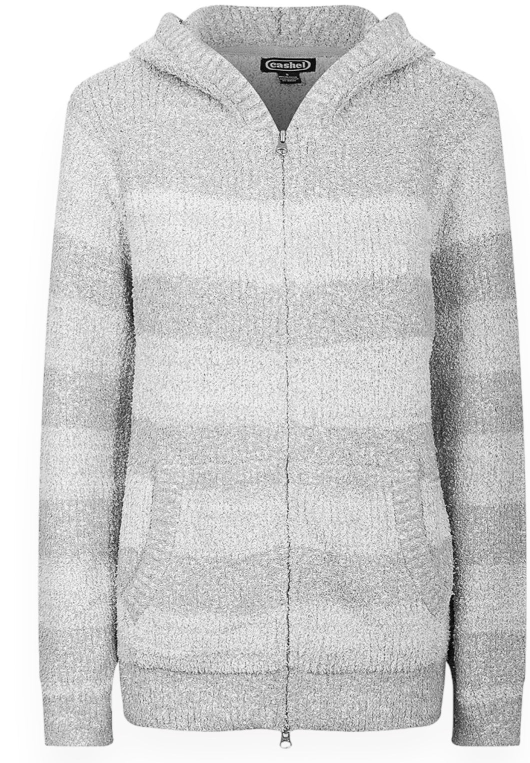 Ladies Grey Cashel Large Stripes Soft Chenille Knit Zip Through Hooded Cardigan