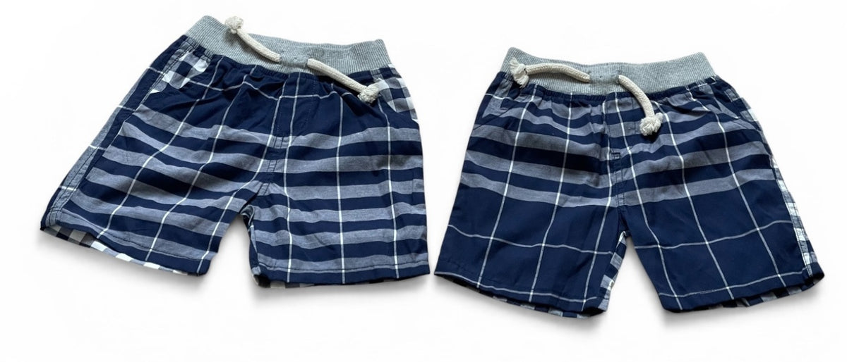 Boys Baby Navy Check Cotton Rib Elastic Waist Drawstring Pull-On Summer Shorts