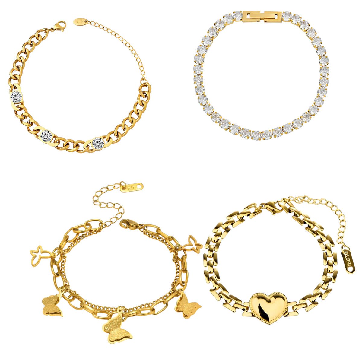 Ladies 18k Gold Plated Heart Butterfly Stainless Steel Bracelet
