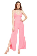 Ladies Fuchsia Lace Up Tie Back Wide Slit Side Leg Jumpsuit