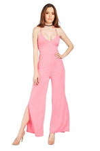 Load image into Gallery viewer, Ladies Fuchsia Lace Up Tie Back Wide Slit Side Leg Jumpsuit
