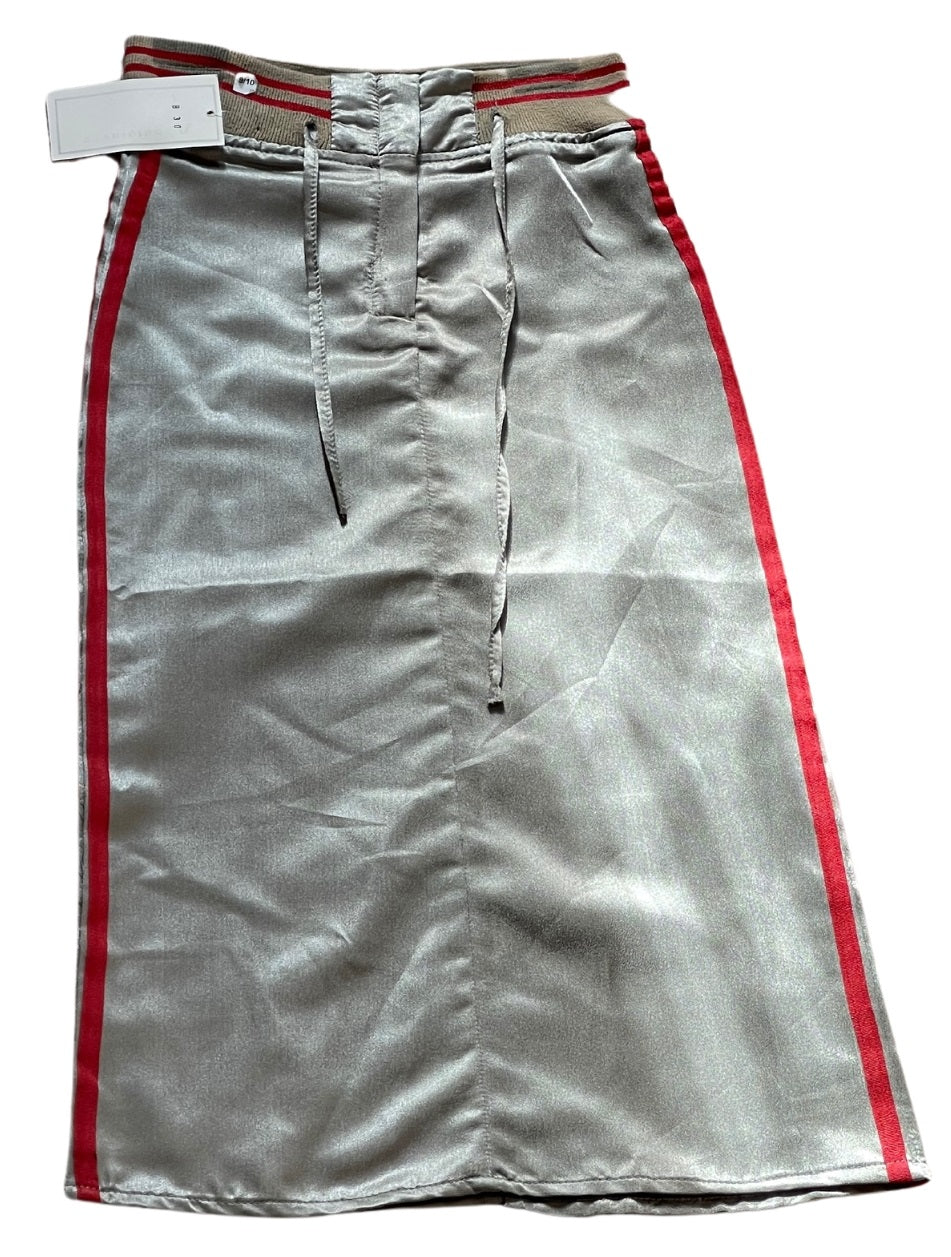Girls Metallic Grey Thick Elasticated Waist Belted Side Stripe Midi Skirts