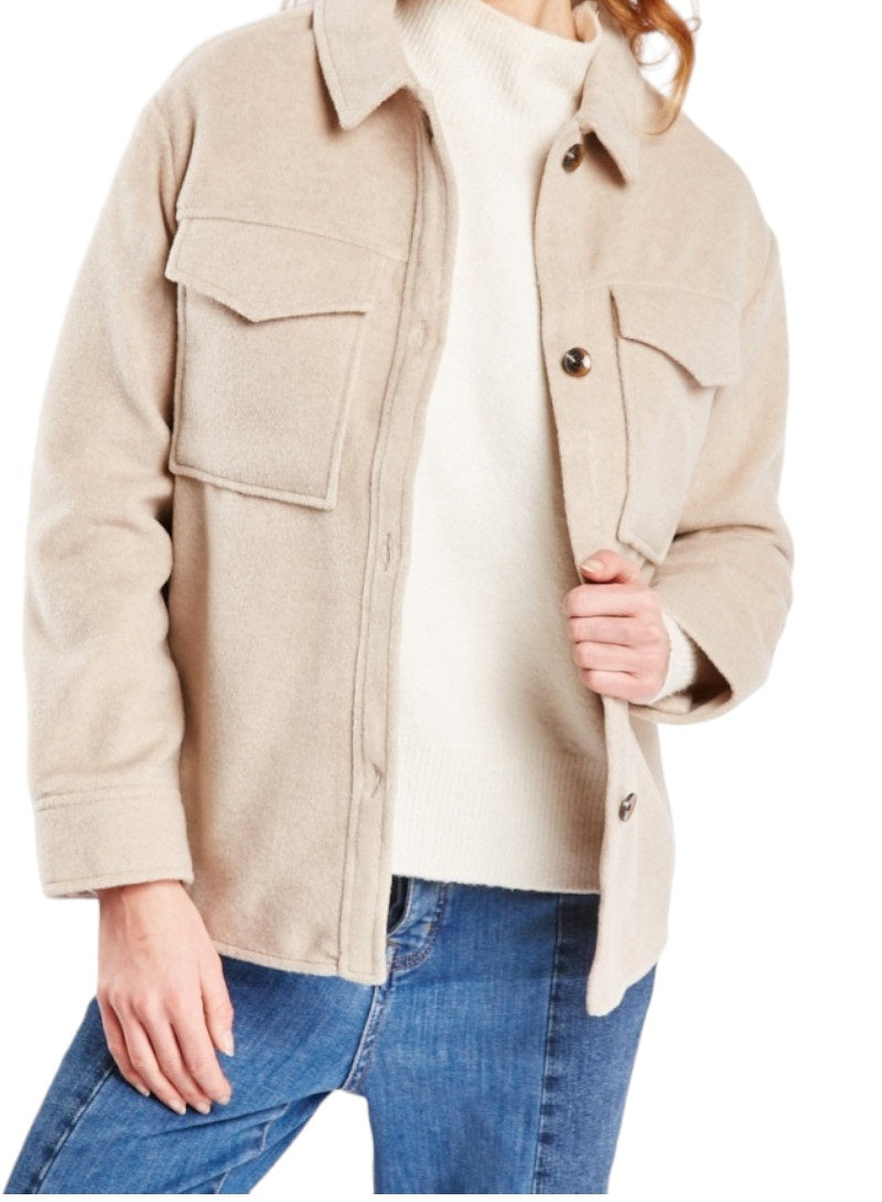 Ladies Beige Soft Feel Textured Overshirt Patch Pockets Shacket
