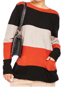 Ladies Beige Multi Large Stripe Lurex  Colour Block Jumper