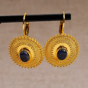 Ladies Gold Plated Round Patterned Blue Lapis Lazuli Leverback Earrings