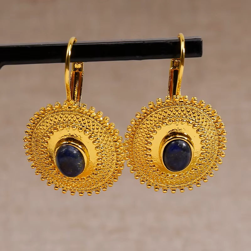 Ladies Gold Plated Round Patterned Blue Lapis Lazuli Leverback Earrings