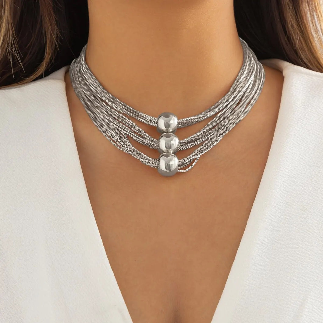 Ladies Silver Round Bead Chocker 3Tier Multilayer Party Necklace