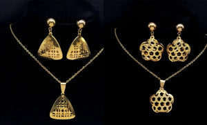 Ladies Gold Flower of Life Stainless Steel Hollow Earring Pendant Necklace Set