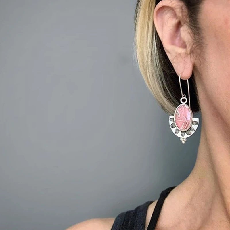 Ladies Silver Plated Pink Gemstone Vintage Drop Dangling Hook Earrings