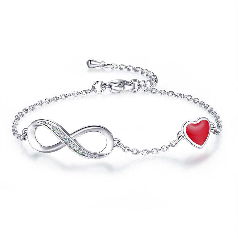 Ladies Silver Red Heart Shaped Crystal Infinity Link Chain Bracelet
