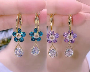 Ladies Purple Blue Crystal Flower Waterdrop Dangle Earrings