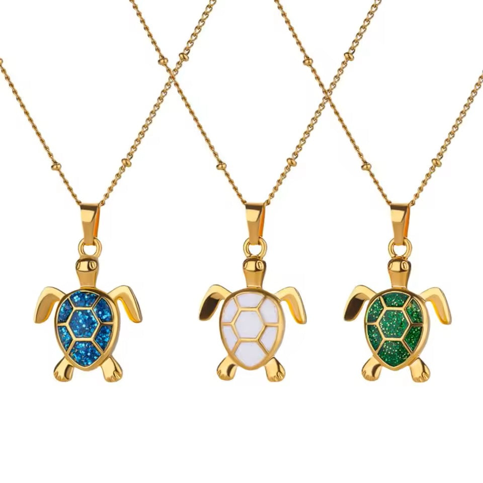 Unisex Gold Plated Opal Stone Cute Stainless Steel Turtle Pendant Chain Necklace