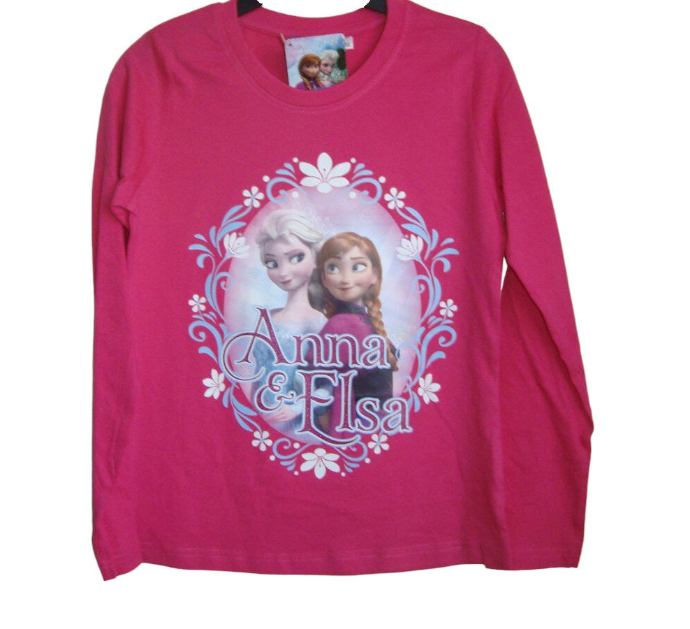 Girls Cerise Official Disney Frozen Anna & Elsa Cotton Long Sleeve Shirt Tops