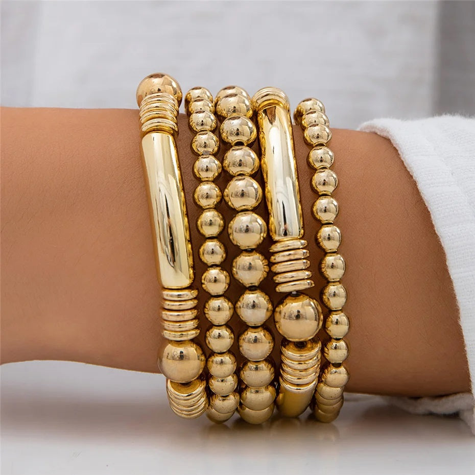 Ladies Gold Plated Chunky Round Beads 5 Set Stackable Bracelets