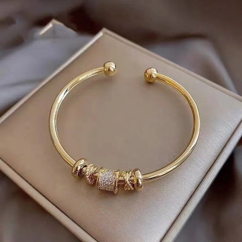 Ladies Gold Plated Zircon Stone Rhodium Adjustable Cuff Bangle