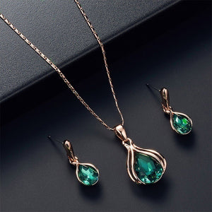 Ladies Gold Water Drop Green Rhinestone Earrings Pendant Chain Necklace Set