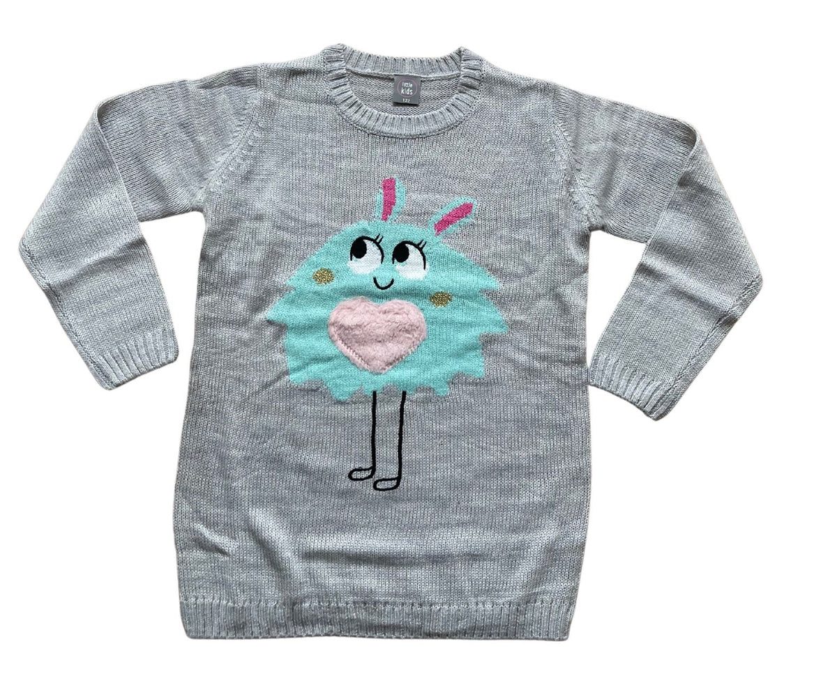 Girls Grey & Blue Marl Dolly Fluffy Heart Long sleeve Jumper