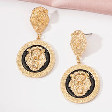 Load image into Gallery viewer, Ladies Round 18K Gold Plated Embossed Lion Head Dangling Earrings
