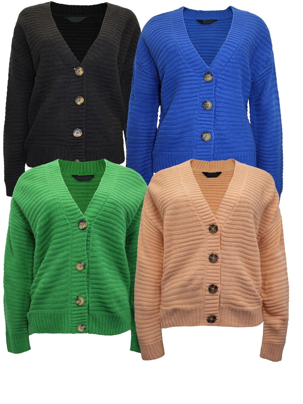 Ladies Wide Ribbed Button Through Soft Knitted V-Neck Plus Size Cardigans