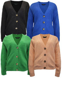 Ladies Wide Ribbed Button Through Soft Knitted V-Neck Plus Size Cardigans