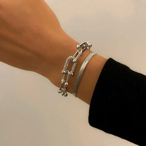 Ladies Silver Copper Chain Interlock Link Crsytal 2Pc Bracelets