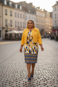 Ladies Yellow & Navy Multi Stripe Geometric Shortsleeve Dress & Jacket 2Pce Set
