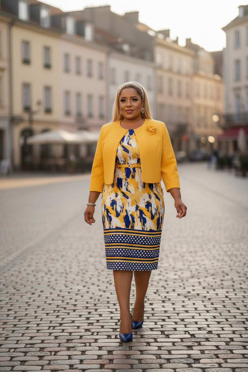 Ladies Yellow & Navy Multi Stripe Geometric Shortsleeve Dress & Jacket 2Pce Set
