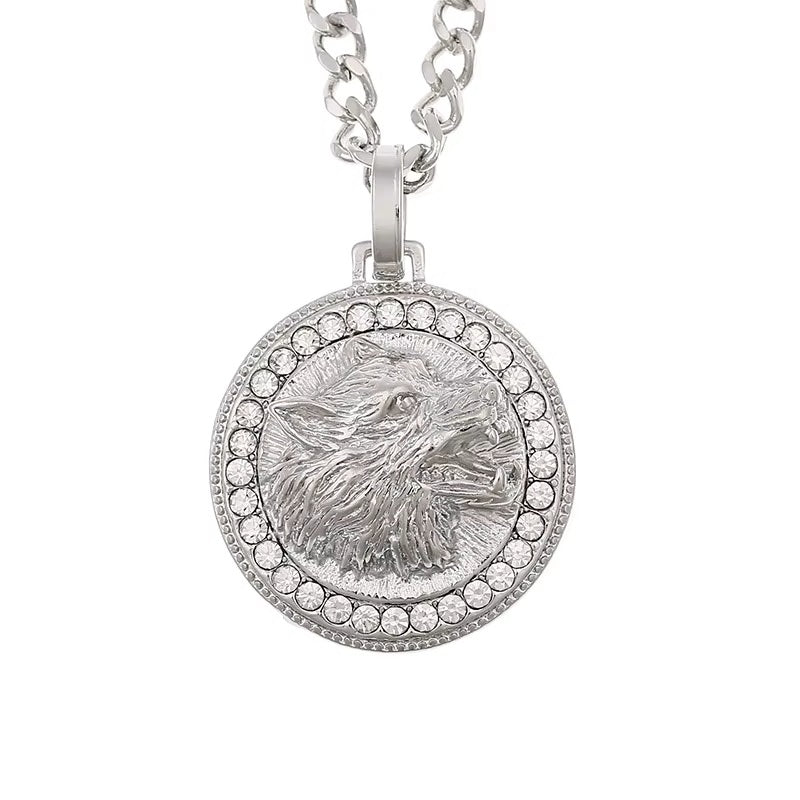 Mens Unisex Silver Roaring Wolf Head Crystals Solid Pendant Braid chain Necklace