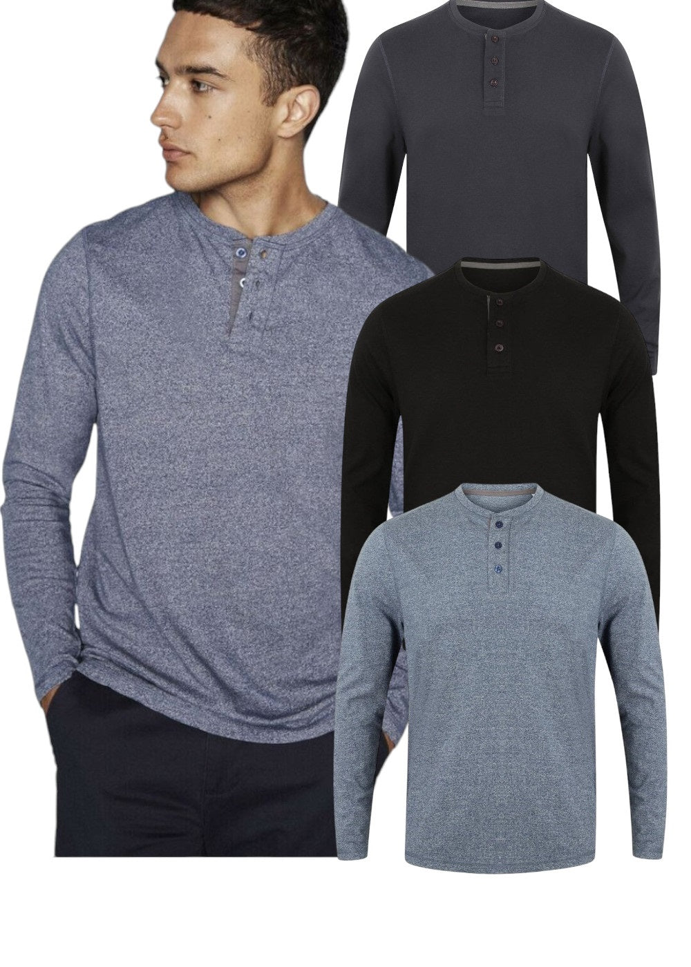 Mens Washed Long Sleeve Soft Touch 3 Button Cotton Jersey T-shirt