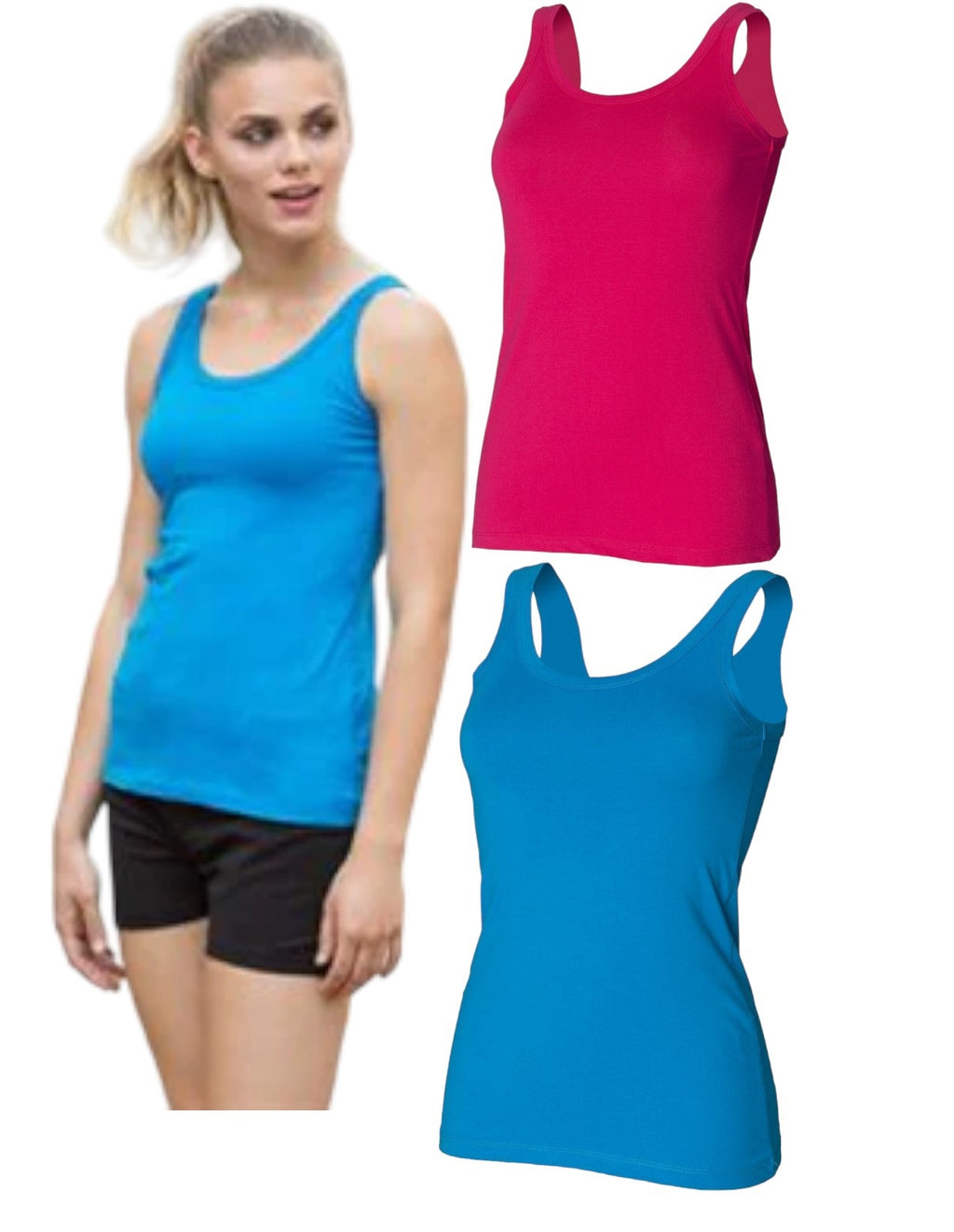 Ladies Blue Fuschia Cotton Rich Regular Fit Stretchy Tank Vest Sleeveless Tops