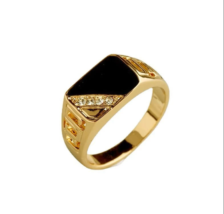 Men Gold Plated Geometric Rectangle Enamel Crystal CutOut Side Signet Gents Ring