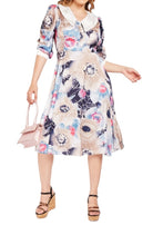 Load image into Gallery viewer, Ladies Beige Multi Floral Overlay Collar Short Sleeve dress
