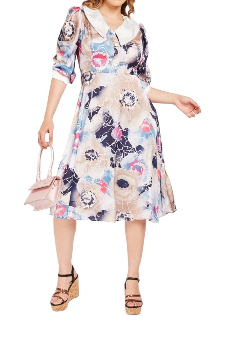 Ladies Beige Multi Floral Overlay Collar Short Sleeve dress