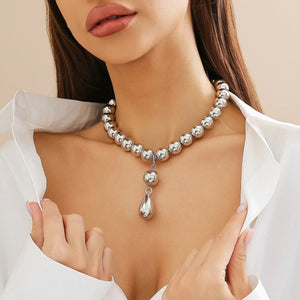 Ladies Silver Round Ball Bead Drop Pendant Chocker Necklace