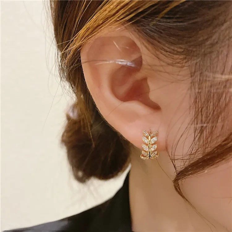 Ladies Gold Plated Crystal Leafy Cut Small Hoop Fashion Earrings