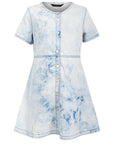 Girls Ice Blue Chambray Cotton Acid Wash Shortsleeve Dress