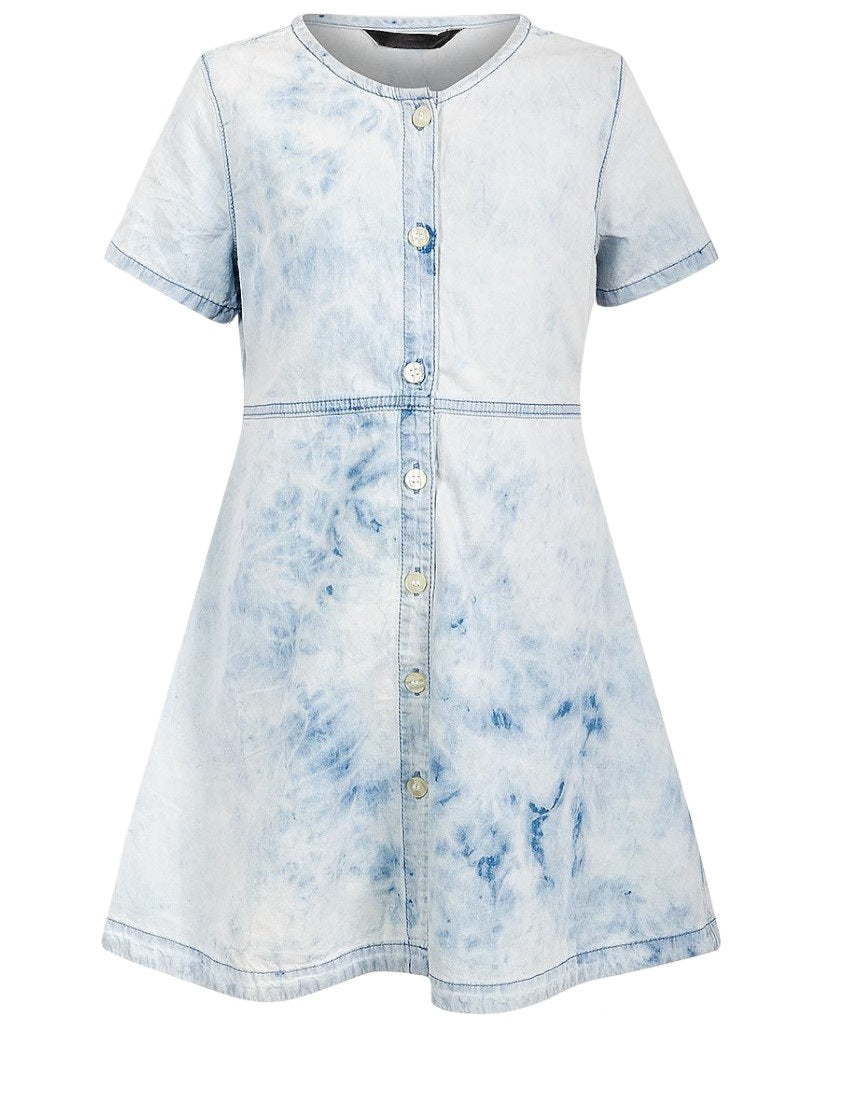 Girls Ice Blue Chambray Cotton Acid Wash Shortsleeve Dress