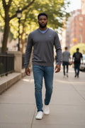 Mens Dark Grey Ombre Ribbed V-Neck Soft Knitted Jumper