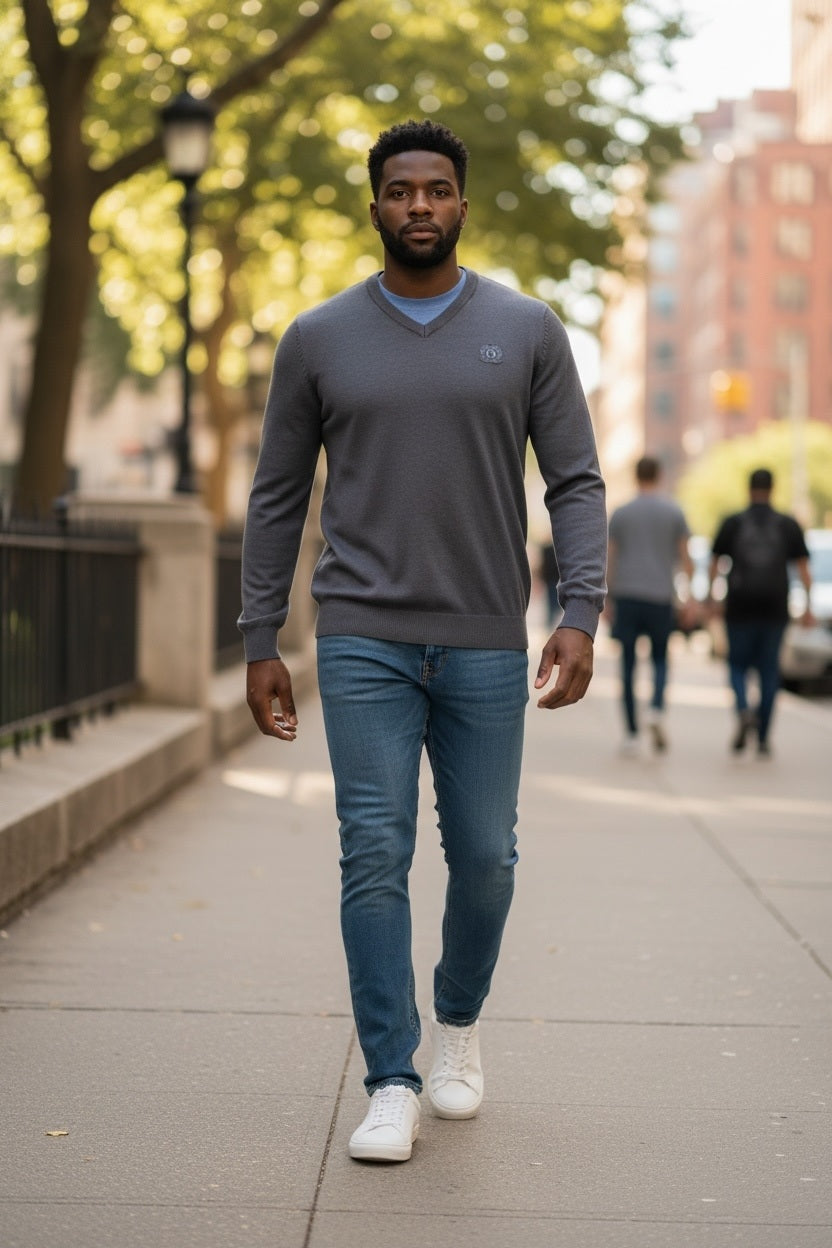 Mens Dark Grey Ombre Ribbed V-Neck Soft Knitted Jumper