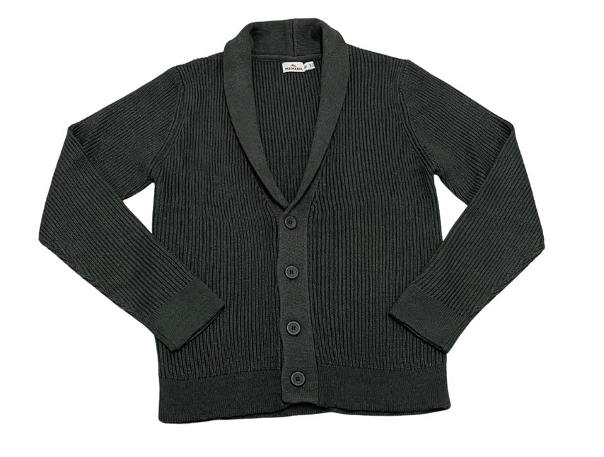 Mens Dark Grey Button Down Front Ribbed Shawl Neck Long Sleeve Sweater Cardigan
