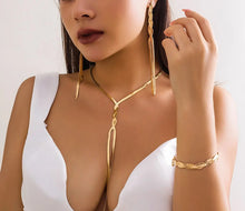 Load image into Gallery viewer, Ladies Gold Long V-shaped Tassel Snake Chain Earrings Bracelet Necklace Set
