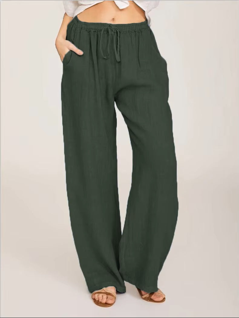 Ladies khaki Elasticated Waist Tie Belt Cotton Straightleg Casual Trouser