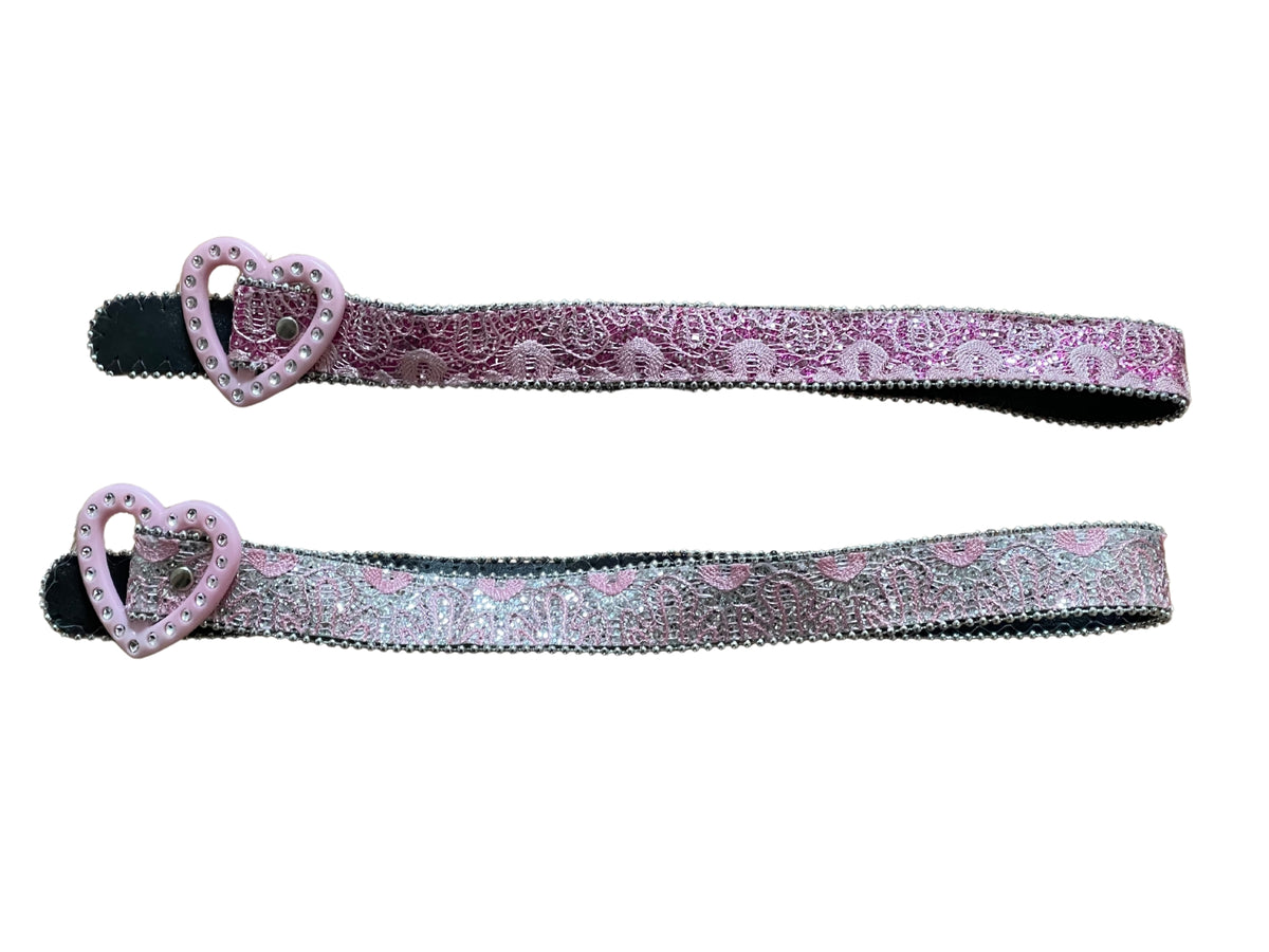 Girls Pink Floral Embroidery Sequin Adjustable Heart Buckle Party Belts