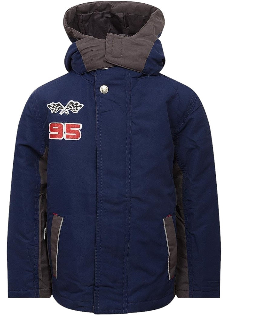 Boys Navy Car Racing Hooded Contrast Trim Winter School Coat