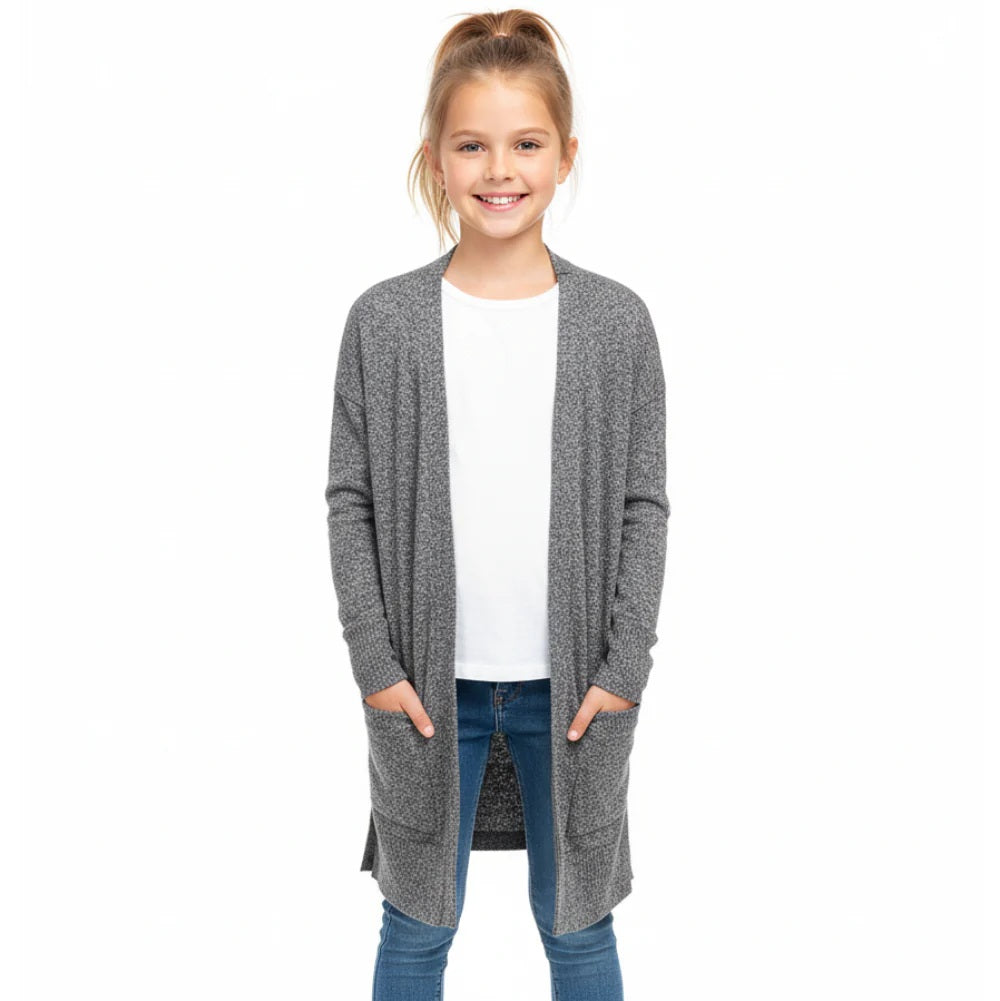 Girls G4P Old Dark Grey Long Line Open Front Pocket Long Sleeve Knitted Cardigan