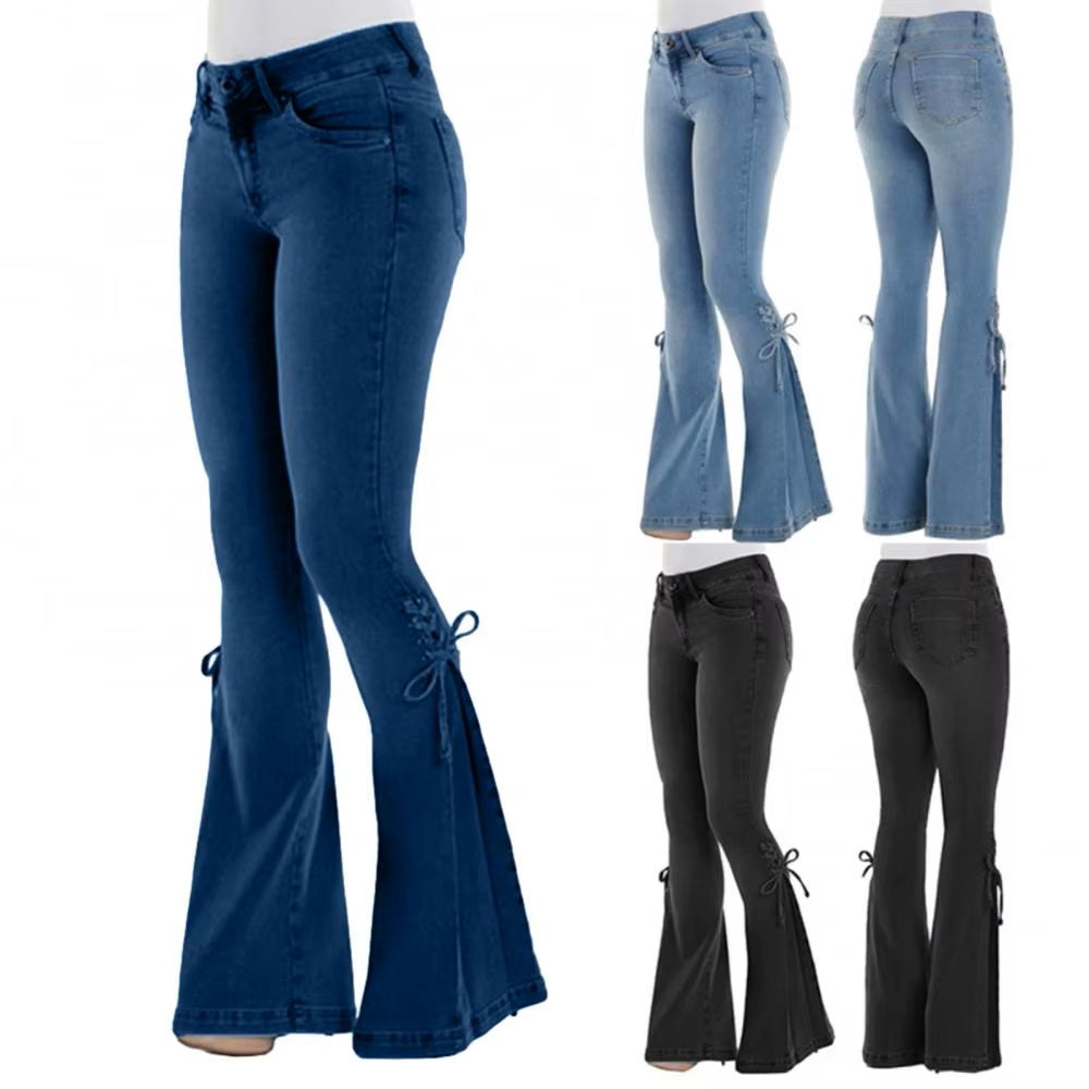 Ladies High Waist Stretchy Flare Hem Side Tie Jeans